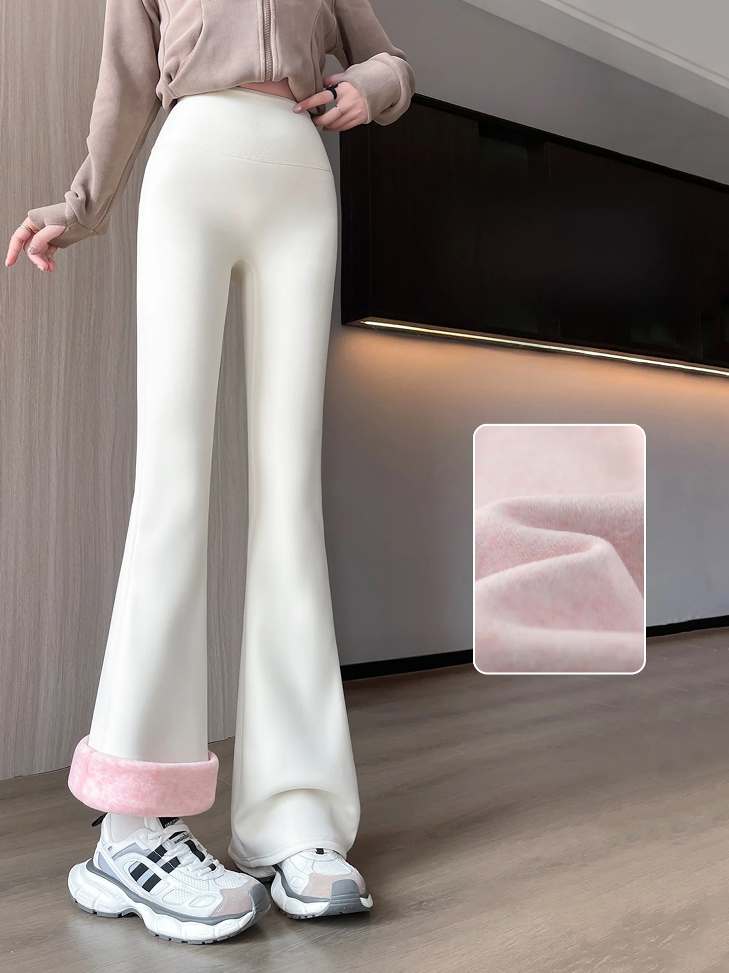 

Белые брюки для йоги из овчины Thiened, женские длинные брюки с высокой талией, расклешенные брюки на подкладке, осенне-зимние теплые колготки