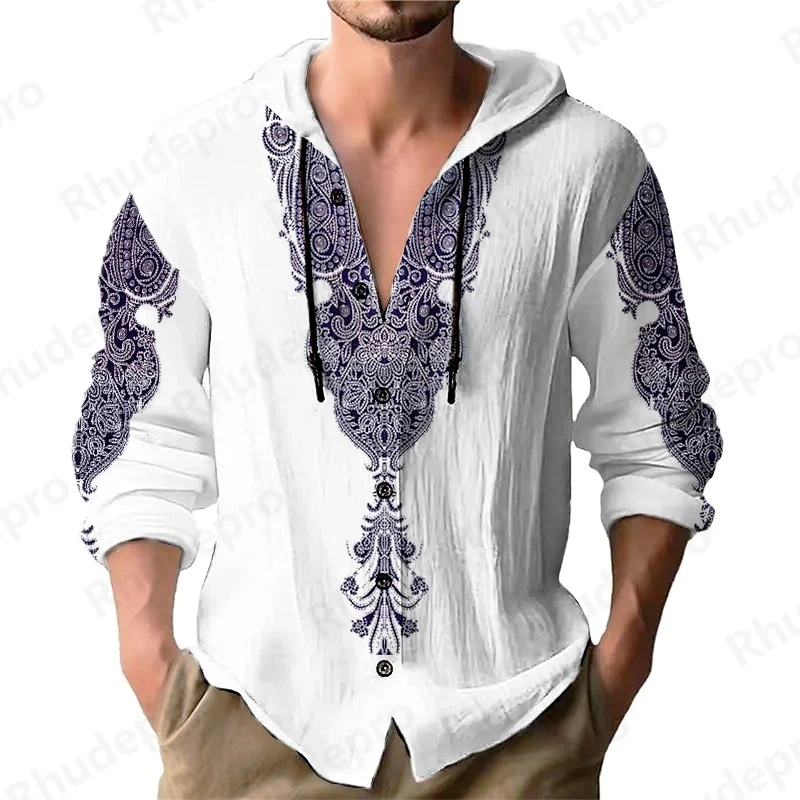 

2025 Men's Solid Color National Style Casual Long Sleeved Shirt With Hood And Drawstring Cardigan Fashionable Daily Versatile