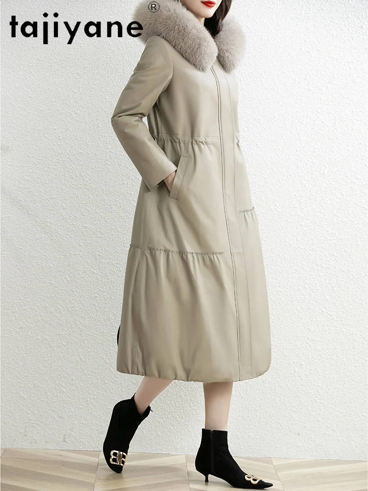 معطف نسائي من جلد الغنم من TAJIYANE مع قلنسوة ضيق طويل من الجلد الطبيعي معاطف بياقة من فرو الثعلب 2025 ملابس نسائية شتوية #2
