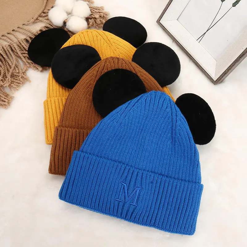 2022 new cartoon cute ear wool hat M letter embroidery knitted hat autumn and winter double-layer thickened warm hat