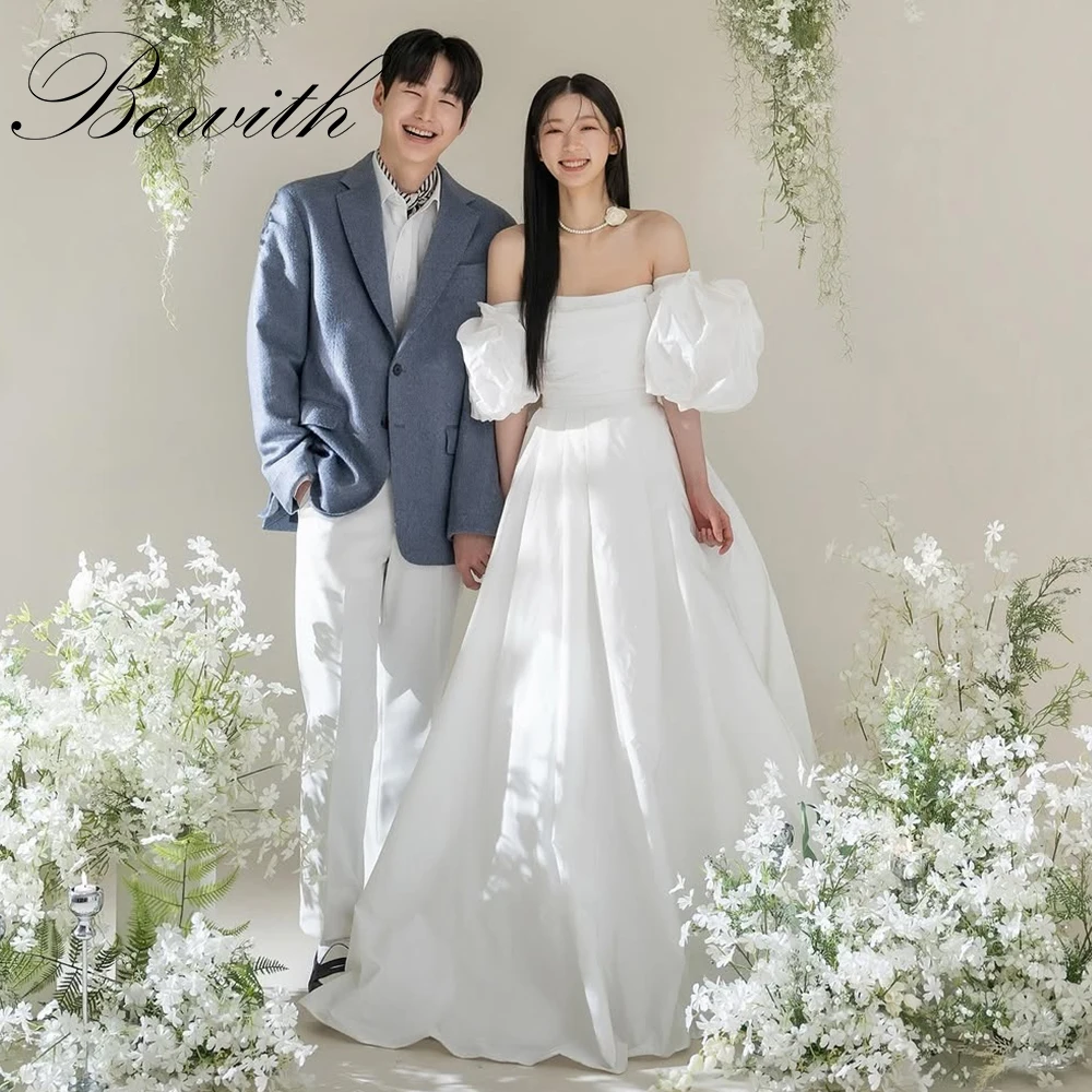 

Bowith Off the Shoulder Puff Sleeves Wedding Dresses Korea Photo Shoot Floor-Length Customized Bridal Gown Reception Dresses