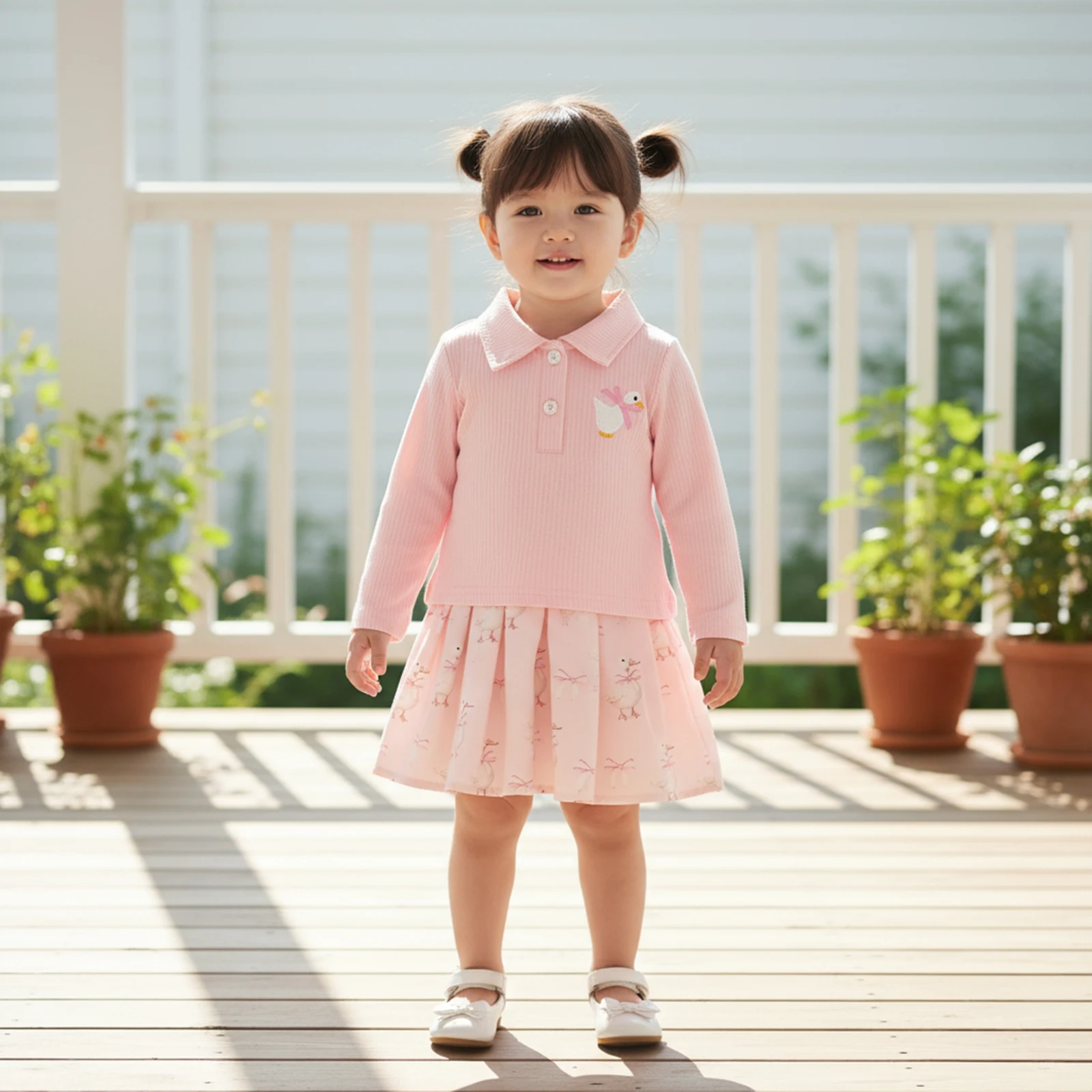 

Blotona Toddler Baby Girl Fall Outfits Goose Embroidery Ribbed Turn Down Neck Long Sleeve Tops and A-Line Pleated Skirt 2Pcs Set