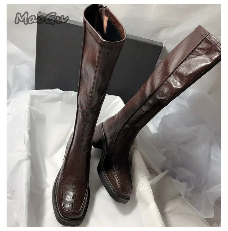 Square Toe Chunky Heel Long Stretch Boots Brown Black Knee-High Soft Leather High Heel Versatile Fashion Boots for Women Botas