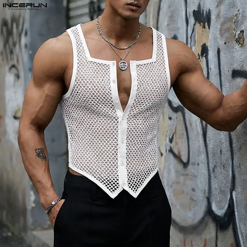 INCERUN Men Tank Tops Mesh Hollow Out Sleeveless Summer Solid Men Clothes Streetwear Sexy Vests See Through Fashion Tops For Man