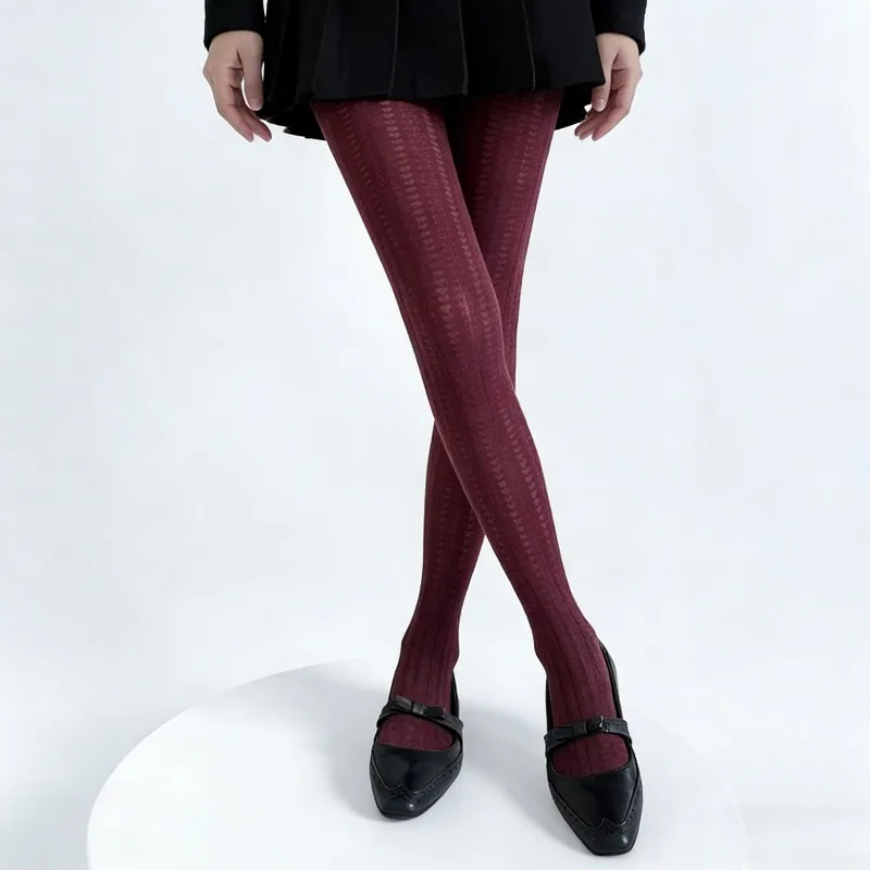 

New Vintage Red Stockings Womens Lolita Hollowed Lace Fishnet Tights JK Japanese Style Vertical Striped Heart Jacquard Pantyhose