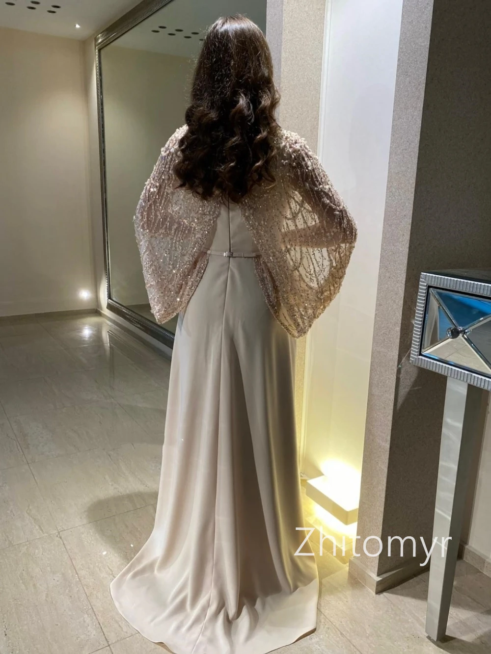 Customized High quality Jewel A-line Prom Dresses Beading Paillette / Sequins Stole Watteau Floor length Evening  فساتين vestido