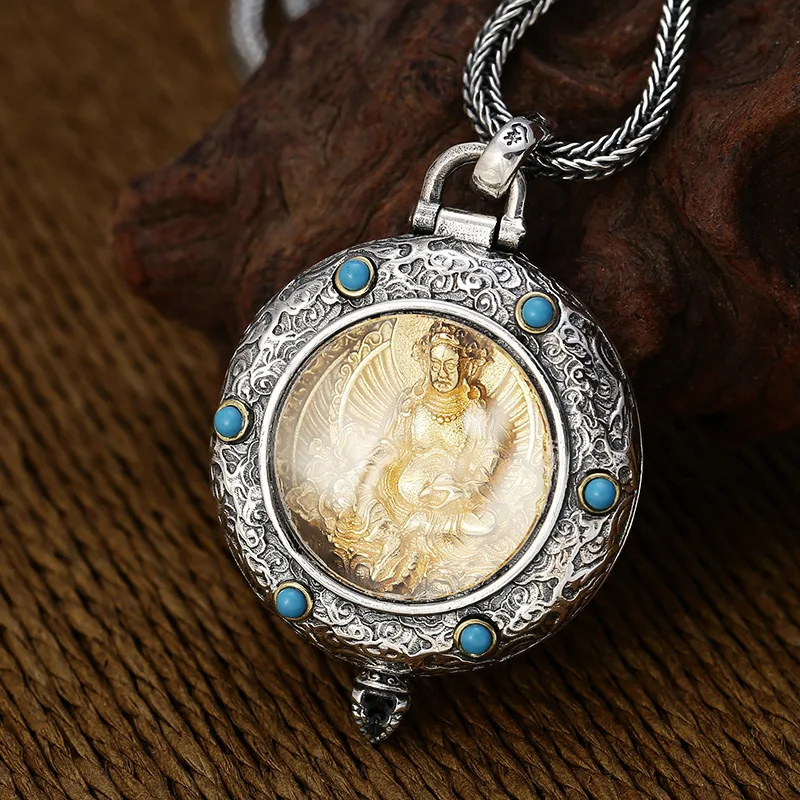 S925 Sterling Silver Yellow Jambhala Pendant Black Color Old Process Openable Unisex Brass Six Words Clouds Fine Jewelry FYNE392