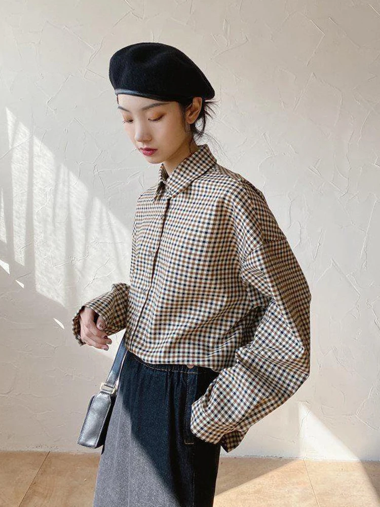 Jmprs Vintage Plaid Shirt Women Elegant Preppy Style Simple Blouse Korean Loose Long Sleeve Sweet Female Retro Harajuku Tops New