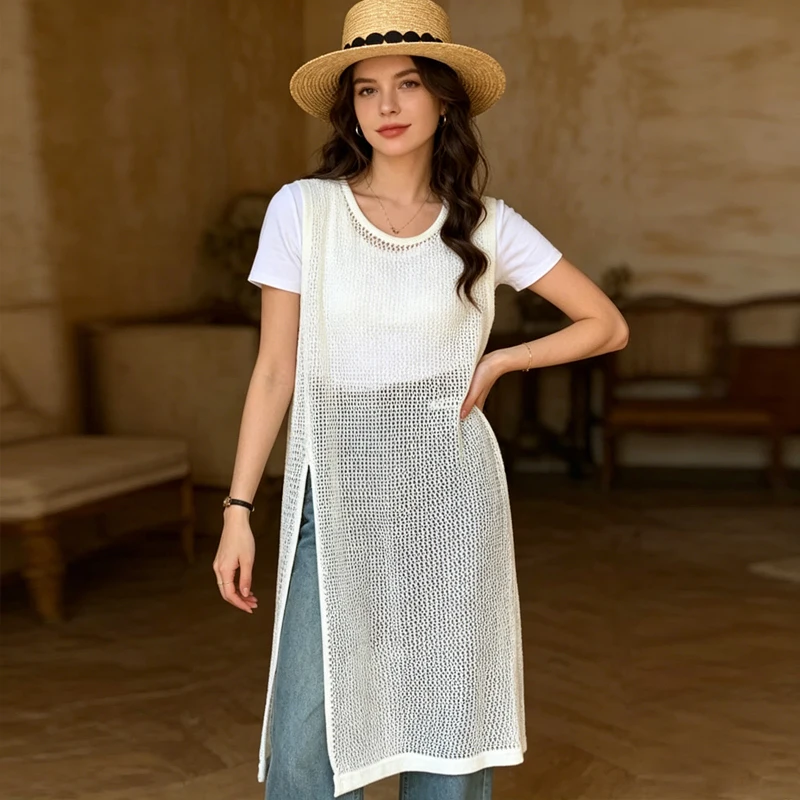 Fashion See Through Long Vacation Blouse O Neck Hollow Out Slit Knitted Dress Fashion Simple Solid Sleeveless Women's Clothing