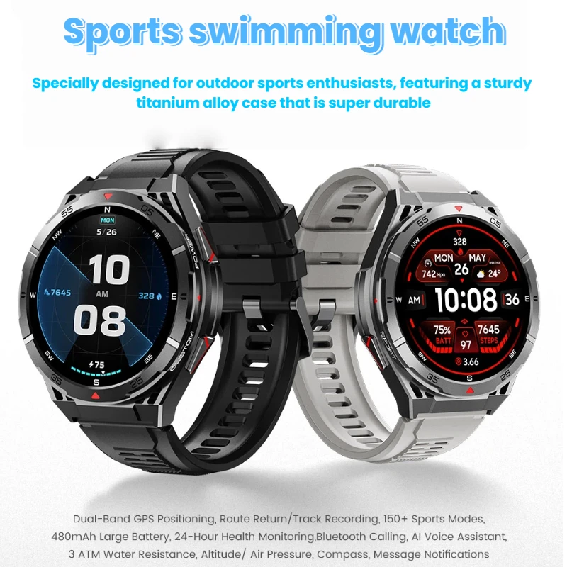 2026 novo 3atm à prova dwaterproof água natação relógio inteligente embutido gps bússola de fitness rastreamento hd bluetooth chamada 500mah smartwatch para homem