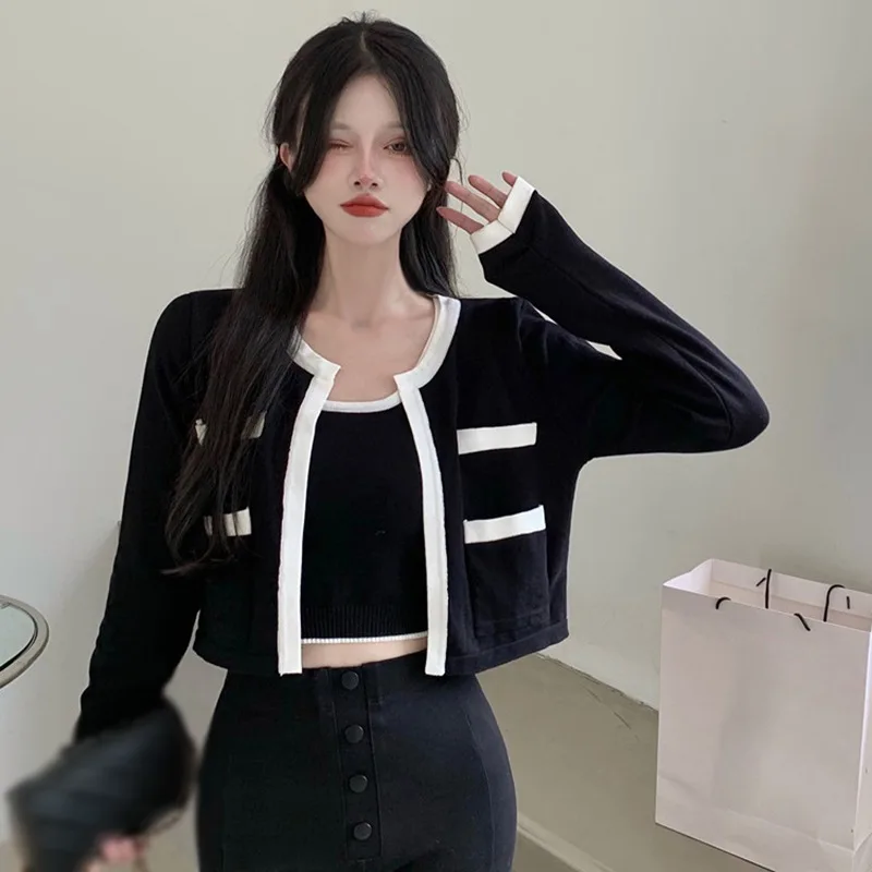 Women Long Sleeve Cardigans Patchwork Sexy Sweet All-match Party Cozy New Ulzzang Outfits Mujer Ins (Vest not included)