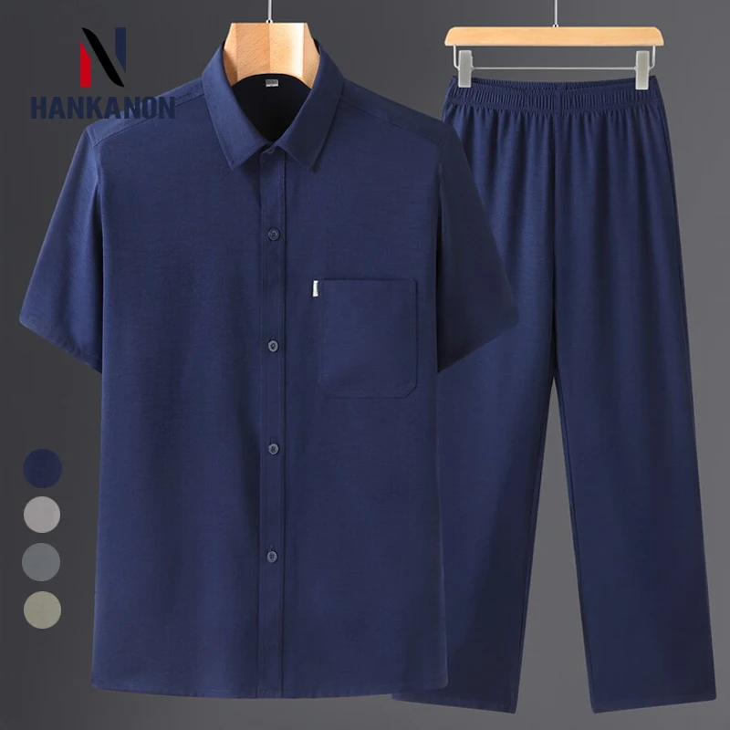 

2024 Summer Thin Men's Suit, Daily Casual and Breathable, Short-sleeved Shirt + Trousers, Elastic Waistband.M-4XL