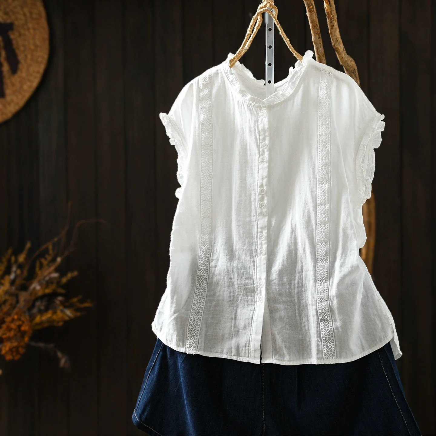 

2026 Japanese Style White Blue Pink Crochet Lace Patchwork Shirts 100% Cotton Short Sleeve Blouses Breathable Tops
