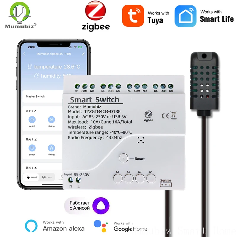 Tuya Smart TH10 Zigbee 4-kanałowy przełącznik z czujnikiem temperatury i wilgotności Pasywny przekaźnik Zigbee z suchym stykiem Praca z Alexą