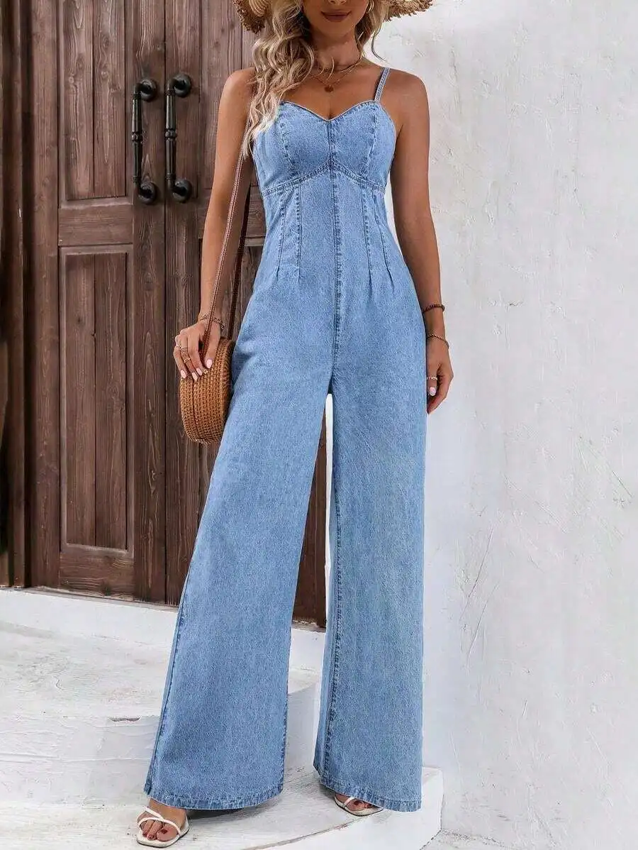 

Washed Denim Sleeveless Jumpsuit Casual Vacation Summer Wear