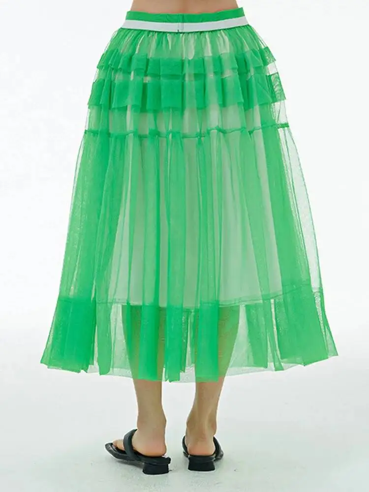 High Elastic Waist Green Mesh Spliced Elegant A-line Half-body Skirt Women Fashion Tide New Spring Autumn