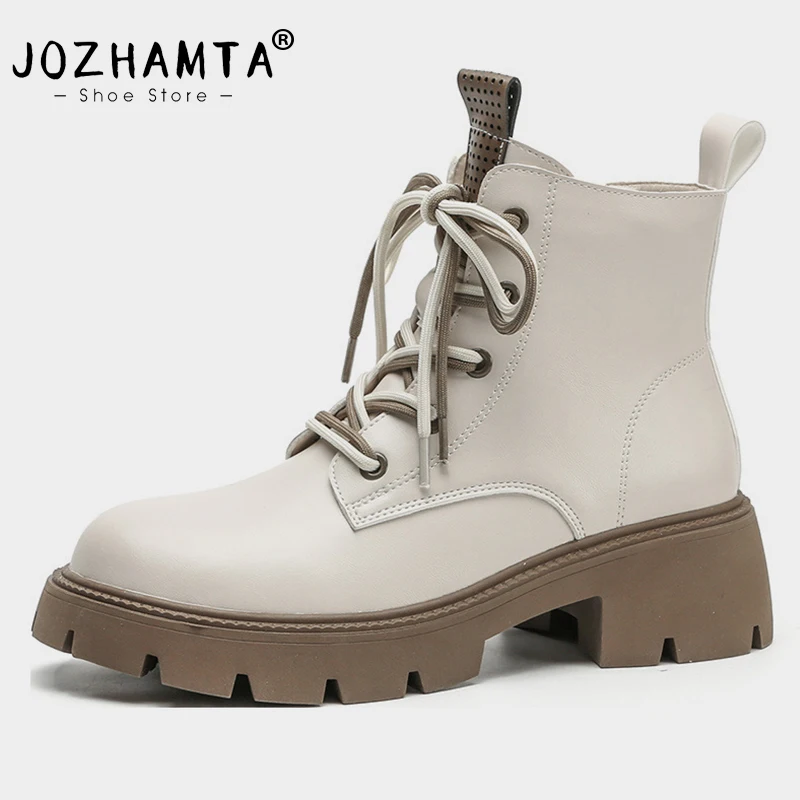 JOZHAMTA Size 34-40 Women Ankle Boots Flatform Real Leather Thick Heels Shoes Woman Lace-Up Winter Ins Fashion Platform Boots