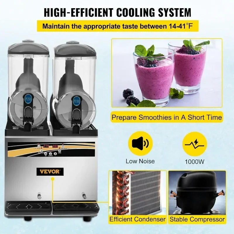 VEVOR Commercial Slushy Machine, 15Lx2 Tank Margarita Maker, 1000W Stainless Steel Smoothie Frozen Drink Maker
