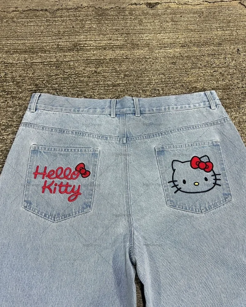 Y2K Harajuku Retro Cartoon Pattern Oversized Denim Shorts Women Baggy Street Fashion Brand Washed High-waisted Straight Pants