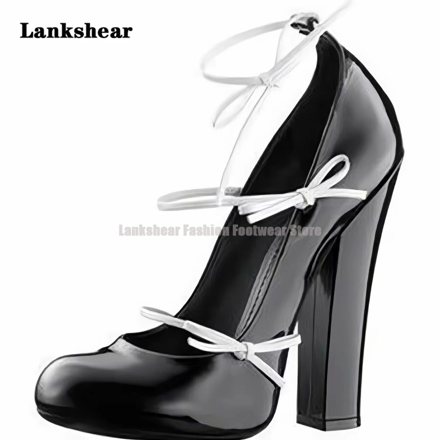 Gray Patent Leather Thick Heels Shoes Bow Round Toe Strap White High Heels Women\'s Thick Heels Black Single Shoe Big Size 34-45