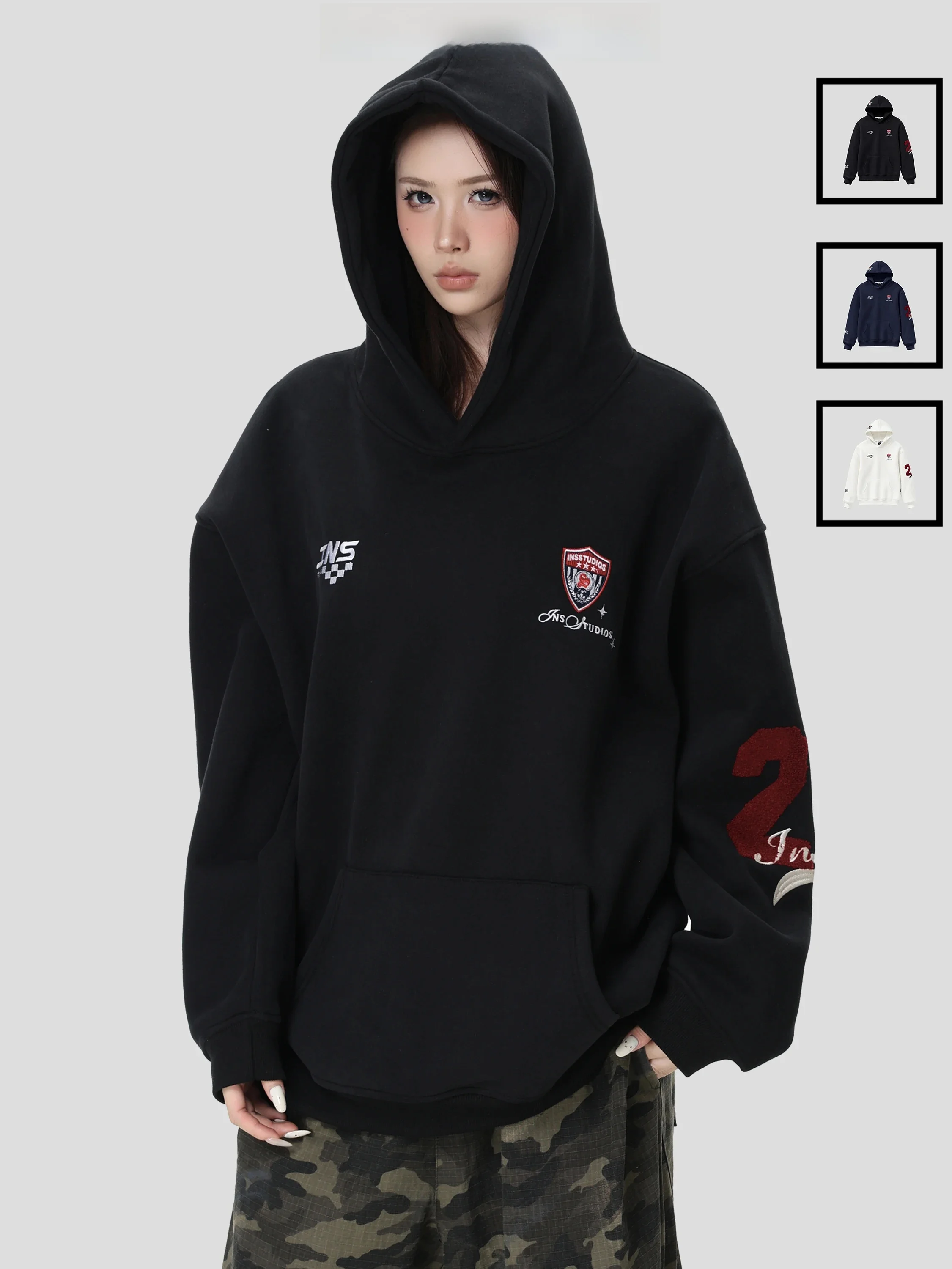 INSstudios Retro American Racing Embroidered Hoodie Loose Casual Fleece Lined Sweatshirt Youth Trend Autumn Winter Cotton
