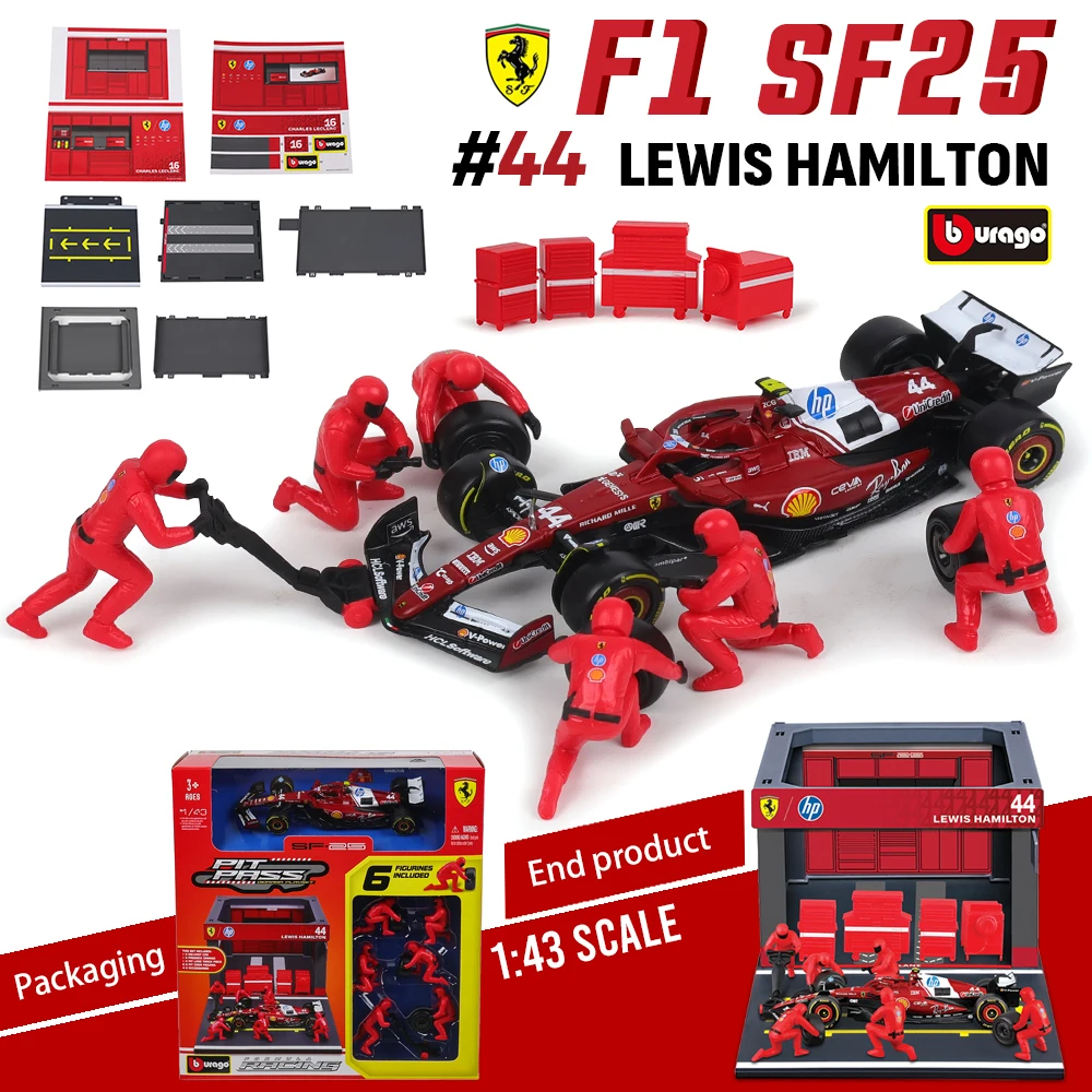 

Bburago 1:43 2025 Ferrari SF25 #16 Charles Leclerc #44 Lewis Hamilton DIY Pit House alloy luxury die cast car model toy series