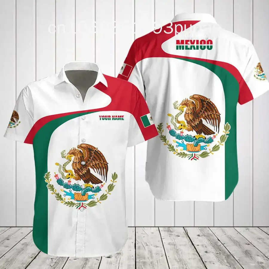 

Mexico Flag 3D Printed Shirts For Men Clothes Casual Mexican National Emblem Graphic Short Sleeve Hawaii Sports Lapel Blouse Top