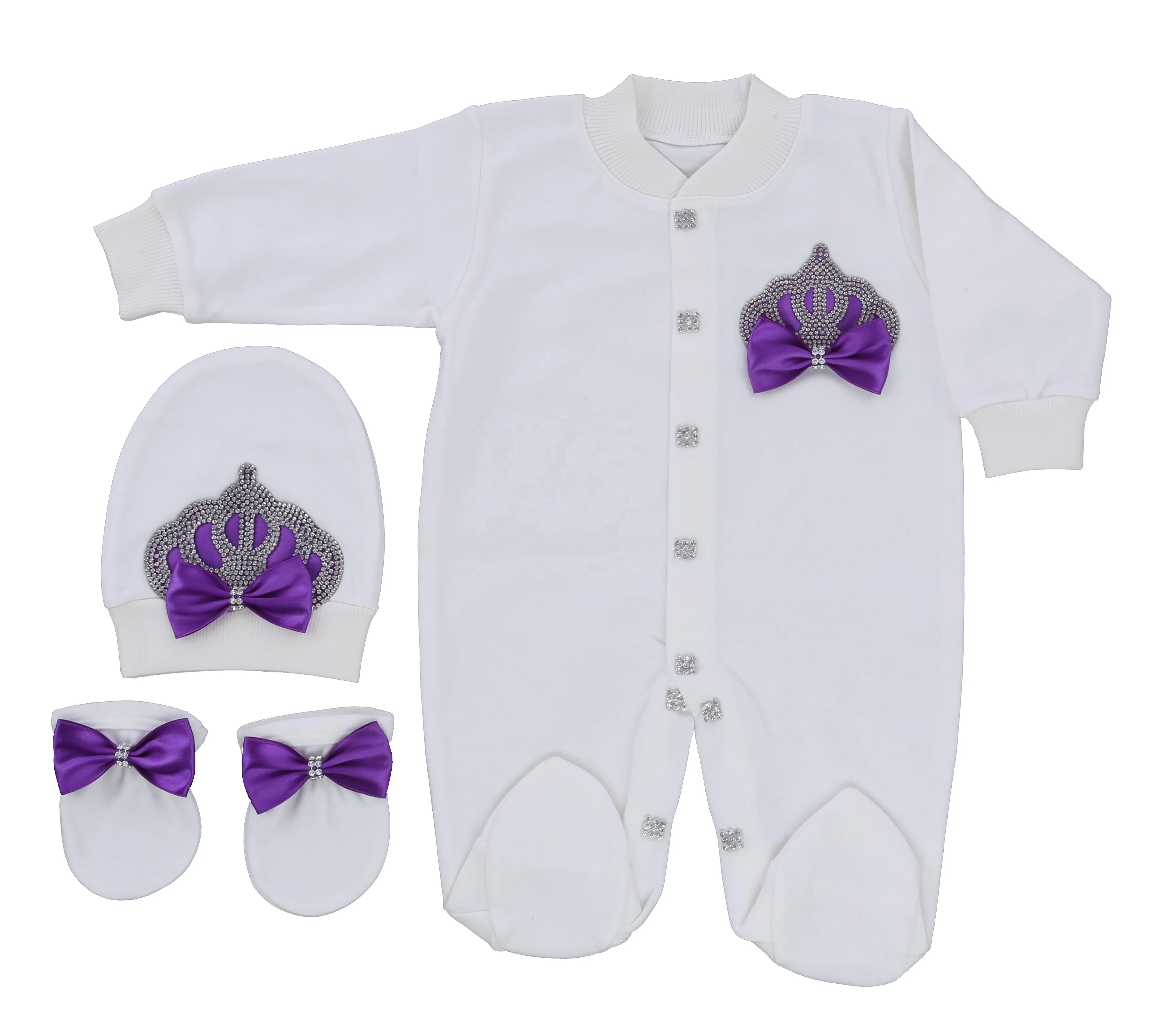 

Комплект из 3 предметов: комбинезон на ножках для новорожденных 0-9 месяцев, белый с фиолетовой короной и бантом, в стиле принцессы, подарок на выписку/на рождение ребенка, с шапочкой и варежками