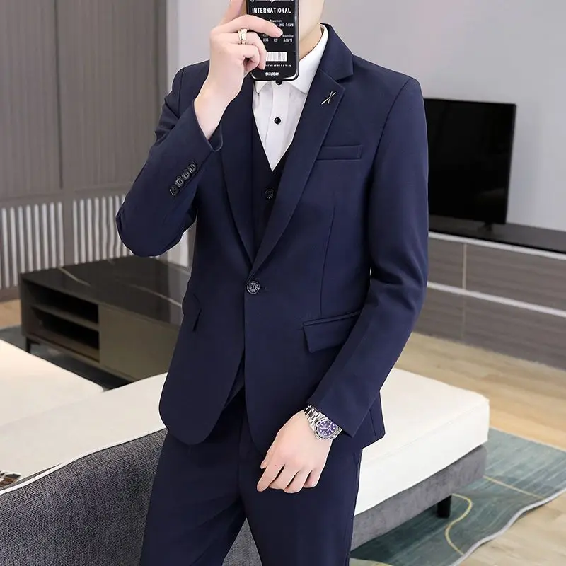 Men's Handsome Slim Fit Professional Formal Suit Set Three Piece Full Set Korean Style
