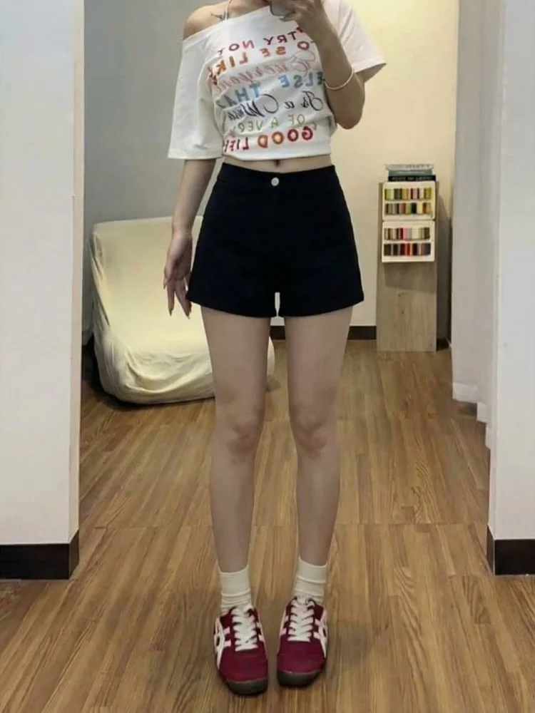 

High Waist Black Skinny Jeans Shorts Women's Summer High Waist Slimming Hot Pants A-Line Short Pants Tailored Process