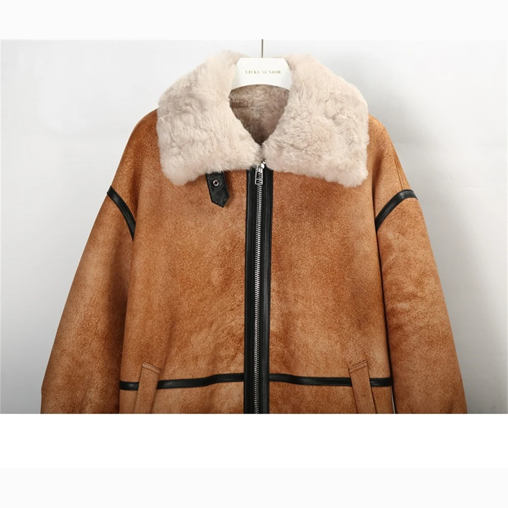 2023 Extra Long Bazaar Shearling Fur Clothing Women Casualy Camel Warm Winter Genuine Leather Sheepskin Shearling Overcoat