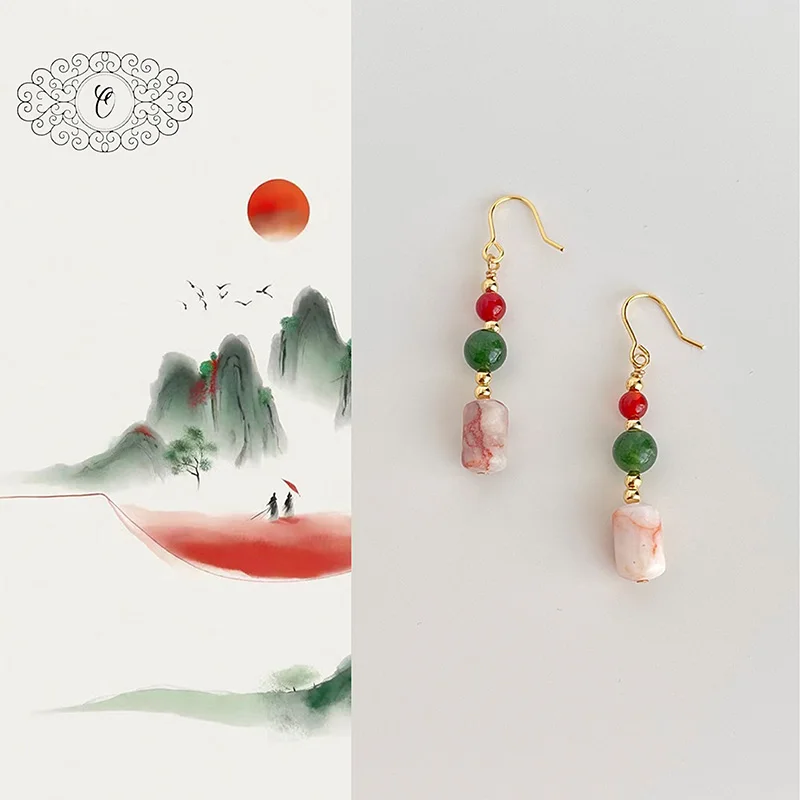 

Oriental Color Contrast Agate Earrings, Intricate Red-Green-White Beaded Design with Gold Accents, Zen Elegance for Women