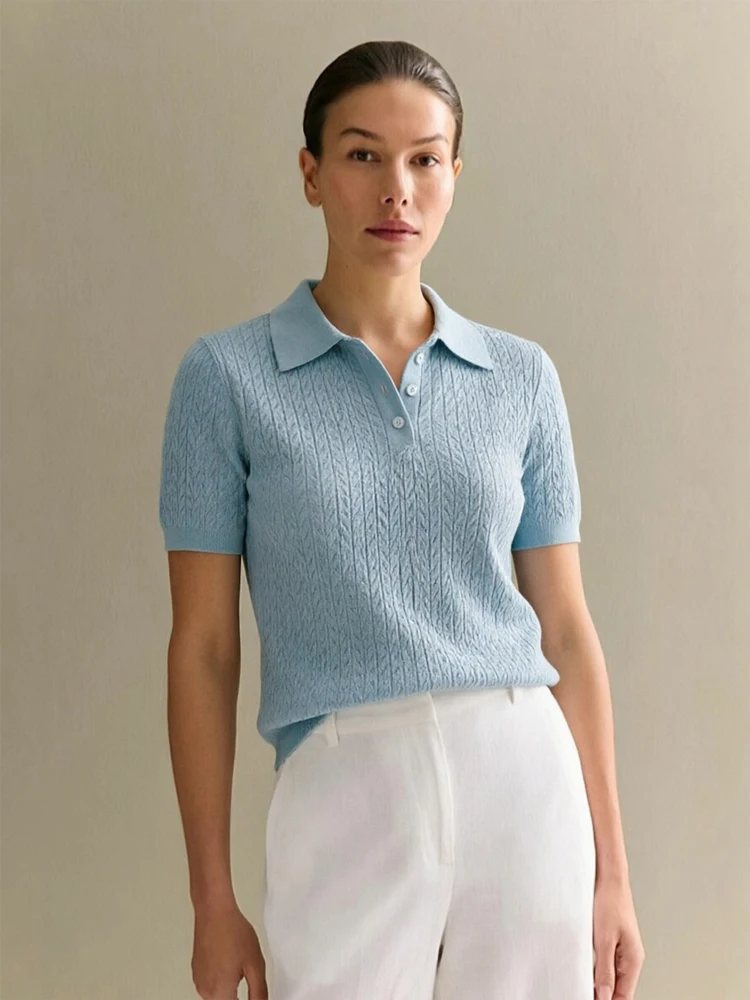 Women Solid Hollow Knitted T-shirt Short Sleeve Lady Elegant Loose Lapel Hot Tops 2026 Spring Summer Casual New Sweater Top 14 Sdaf48ea79d9642599b456273217a8f15u