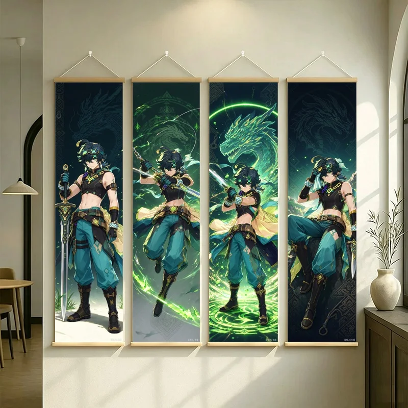 Hanging Scroll Wall Art of Genshin Impact Kinich with Green Energy Motifs on Silver Shimmer Canvas for an Anime Bedroom
