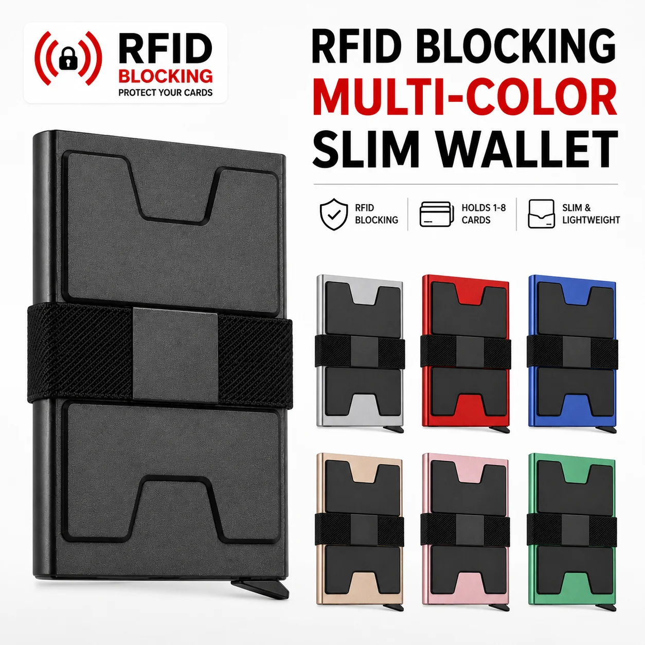 Slim RFID Blocking Metal Wallet for Men, One-Click Pop-Up ID Credit Card Holder Case with Cash Strap, Minimalist EDC Travel Gift