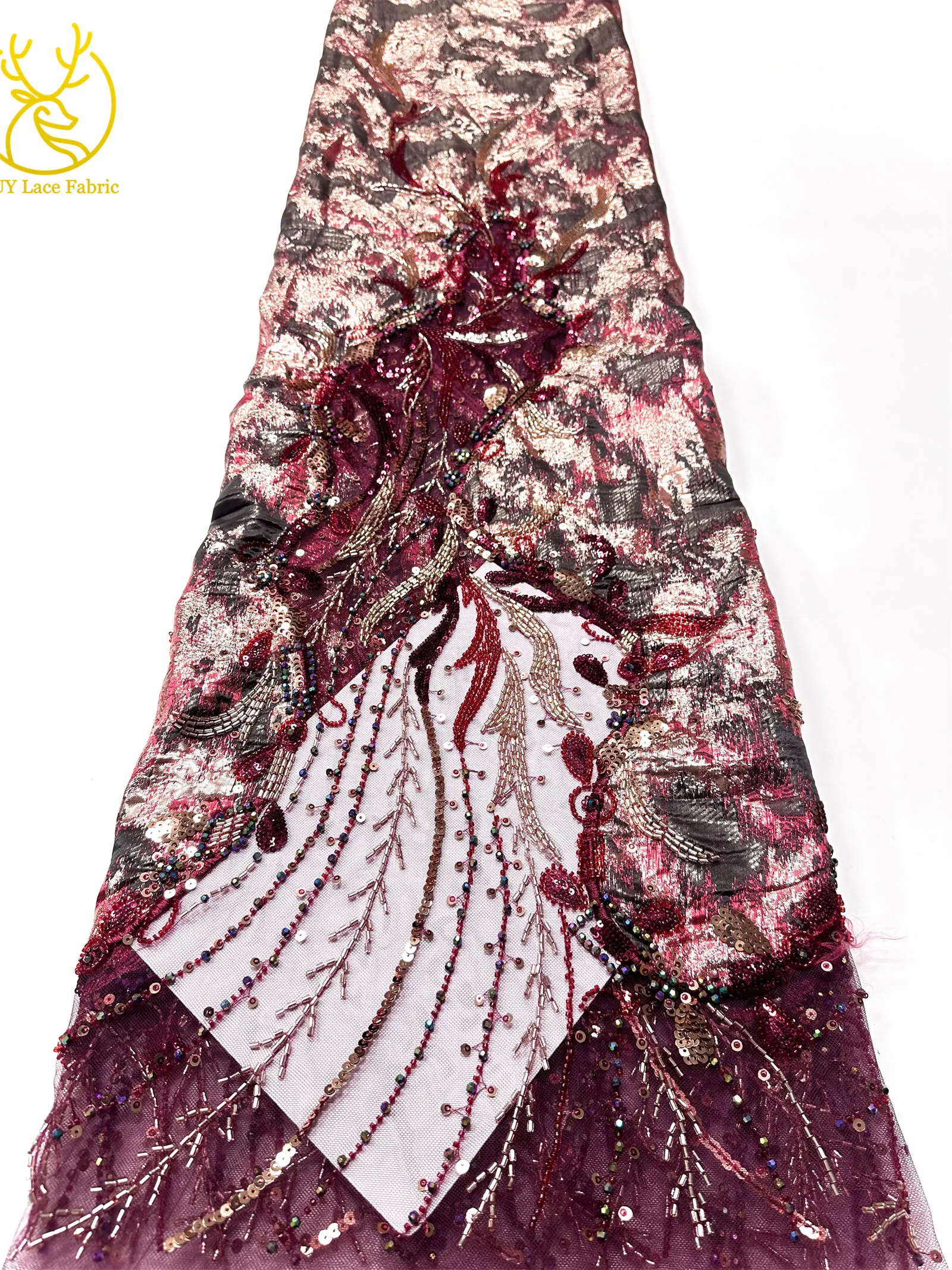 Burgunderroter neuer Design afrikanischer schwere Perlen-Chiffon-Spitzenstoff 2026 Hochwertiger nigerianischer Pailletten-Spitzenstoff für Partykleider – Detail 17
