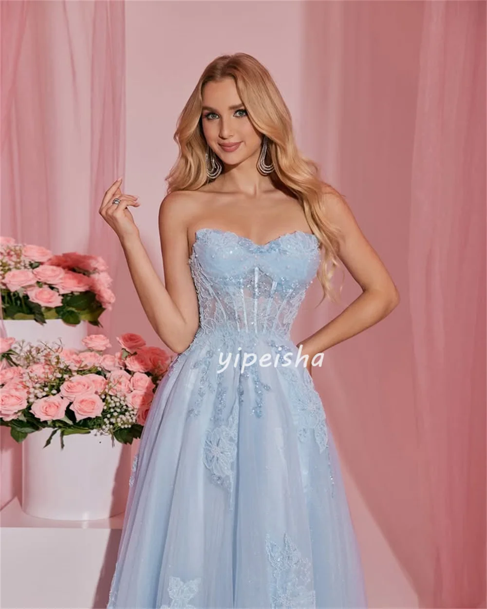 Customized Exquisite Intricate Tulle Applique Sequined A-line Strapless Long Dresses Bespoke Occasion Dresses Sizes Available