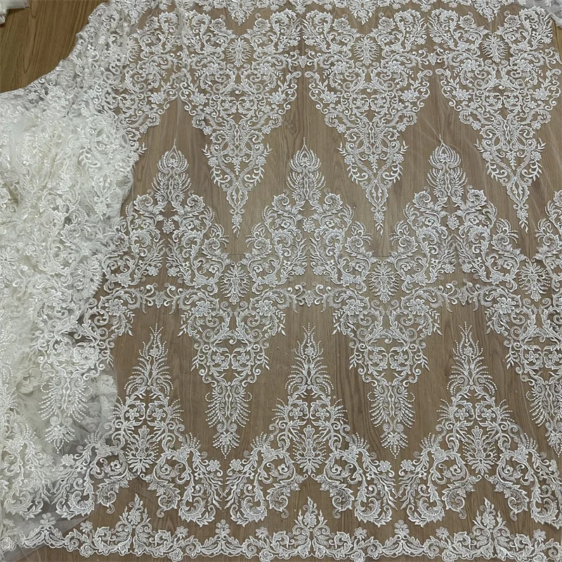 Vantage High Quality low price Heavy Bead Sequins Ivory Tulle Embroidery Garment Bridal Dress Wedding Dress Lace Fabric 1 Yard