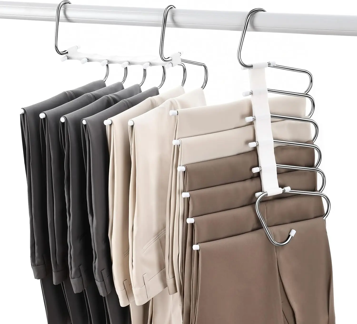 

Space-Saving 6-Layer Pants Hangers, Stainless Steel, Non-Slip for Jeans & Skirts, 2-Pack