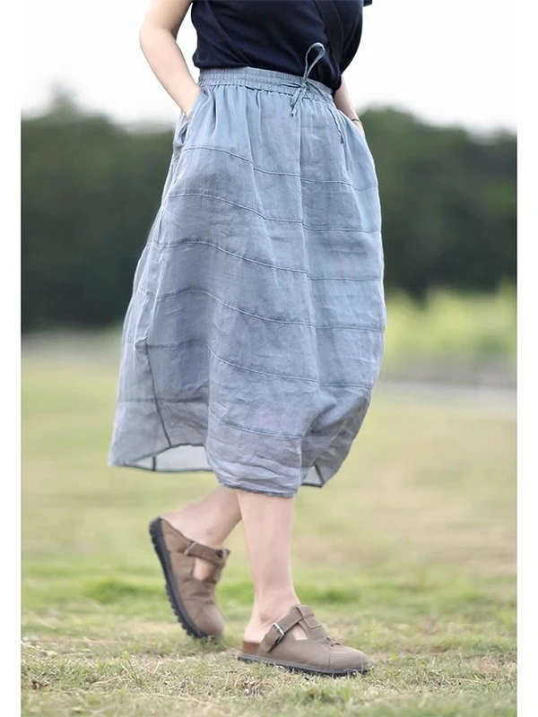 

Льняная юбка миди А-силуэта с завышенной талией, летняя юбка средней длины для женщин, повседневная, с кисточками