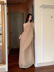 CHEERART Kink One Shoulder Maxi Dress 2024 Women Summer Loose Straight Oversized Long Dress Fashion Designer Clothes