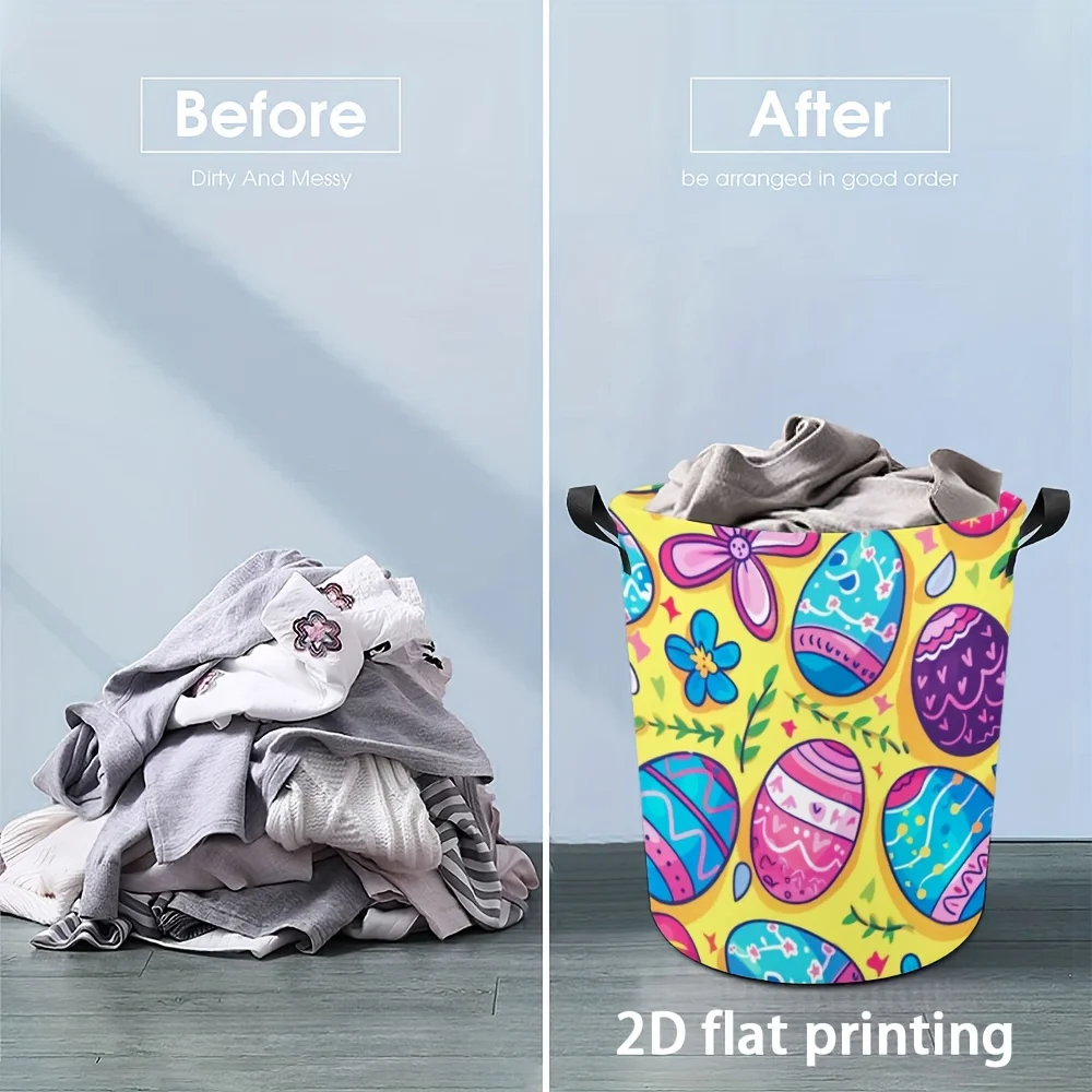 Easter Egg Pattern Laundry Hamper with Handles, Round Polyester Storage Basket, Portable Foldable Multi-Purpose