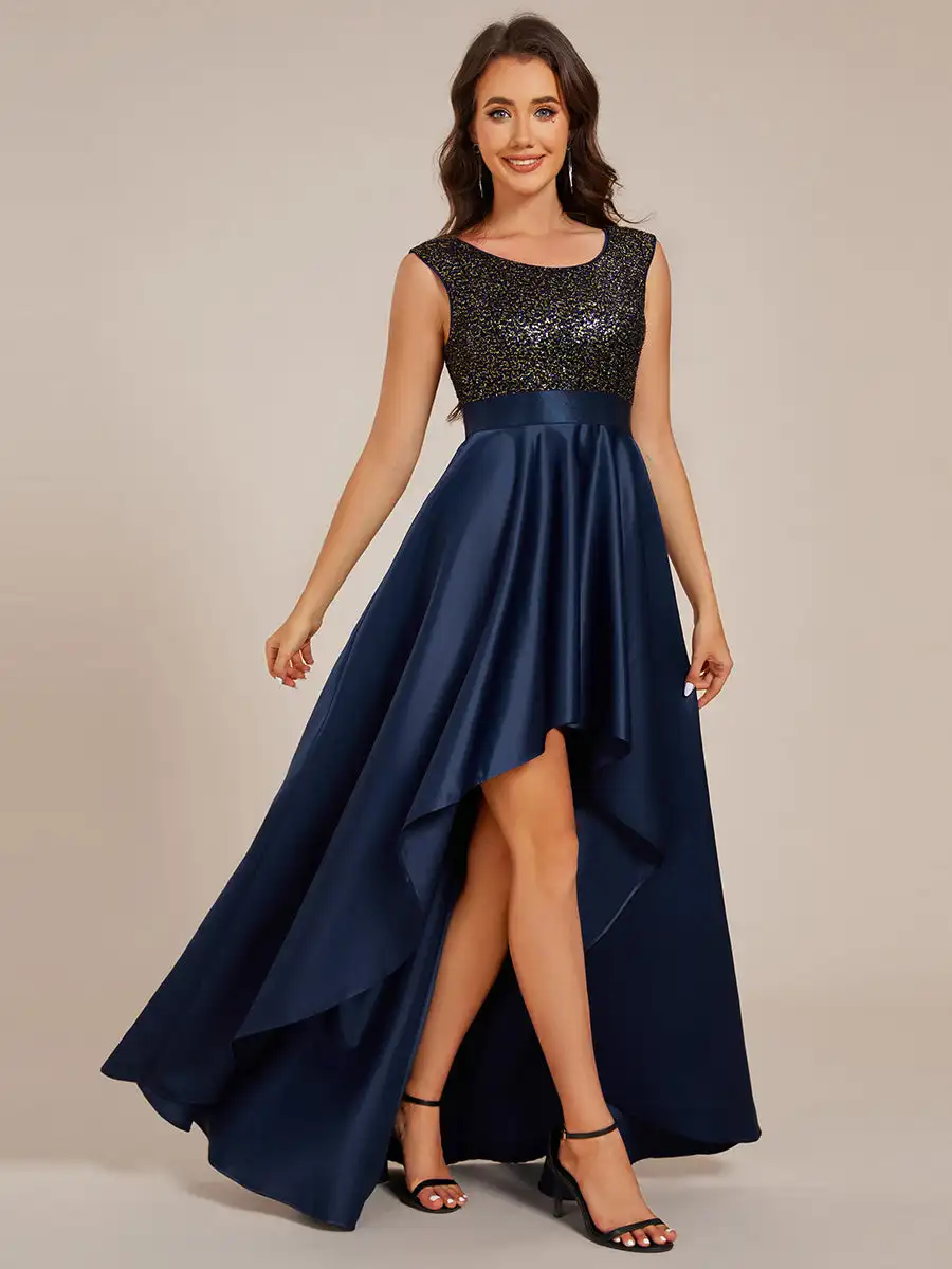 

Elegant Evening Dresses Round Neck Asymmetrical Hem Sequin Contrast Satin 2025 Ever Pretty of Navy Blue Bridesmaid Dress