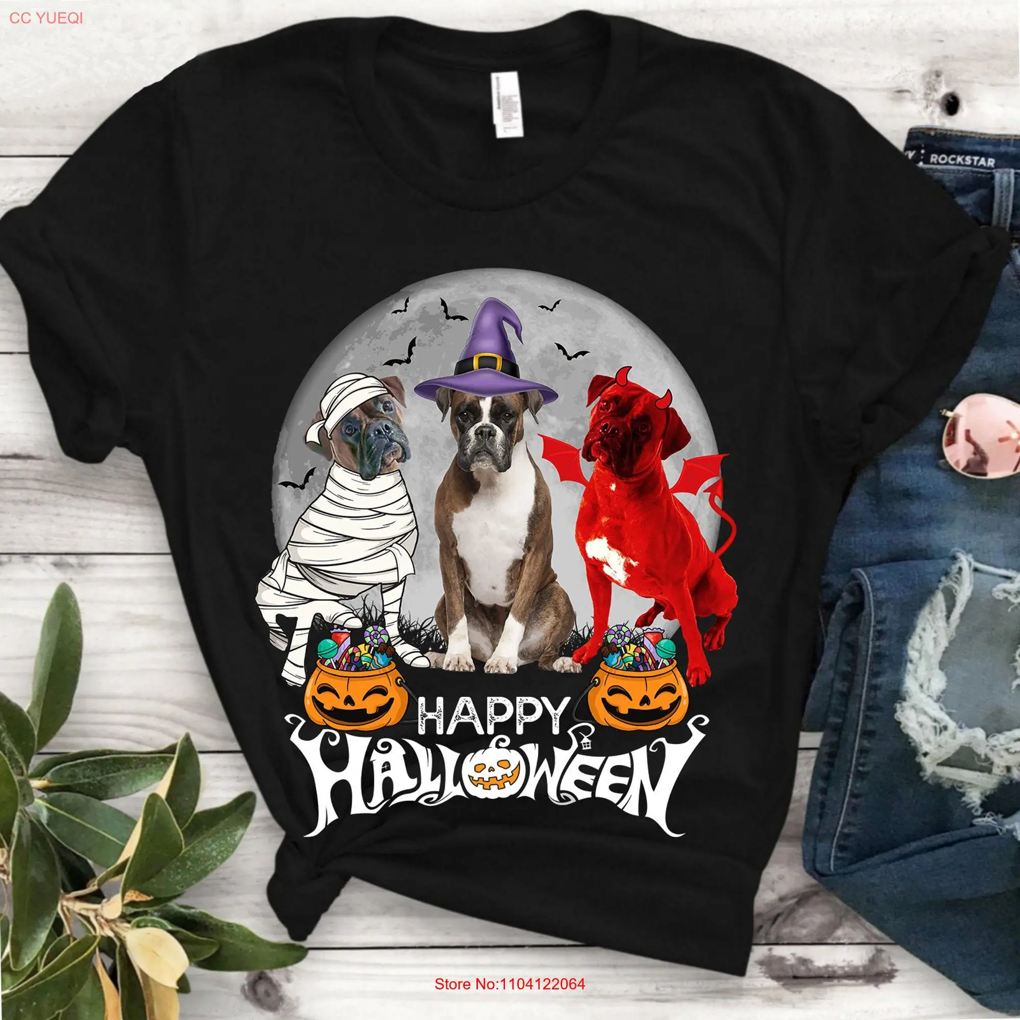 

Three Boxer Dog T Shirt Brindle Mummy Witch Demon Funny Halloween long or short sleeves