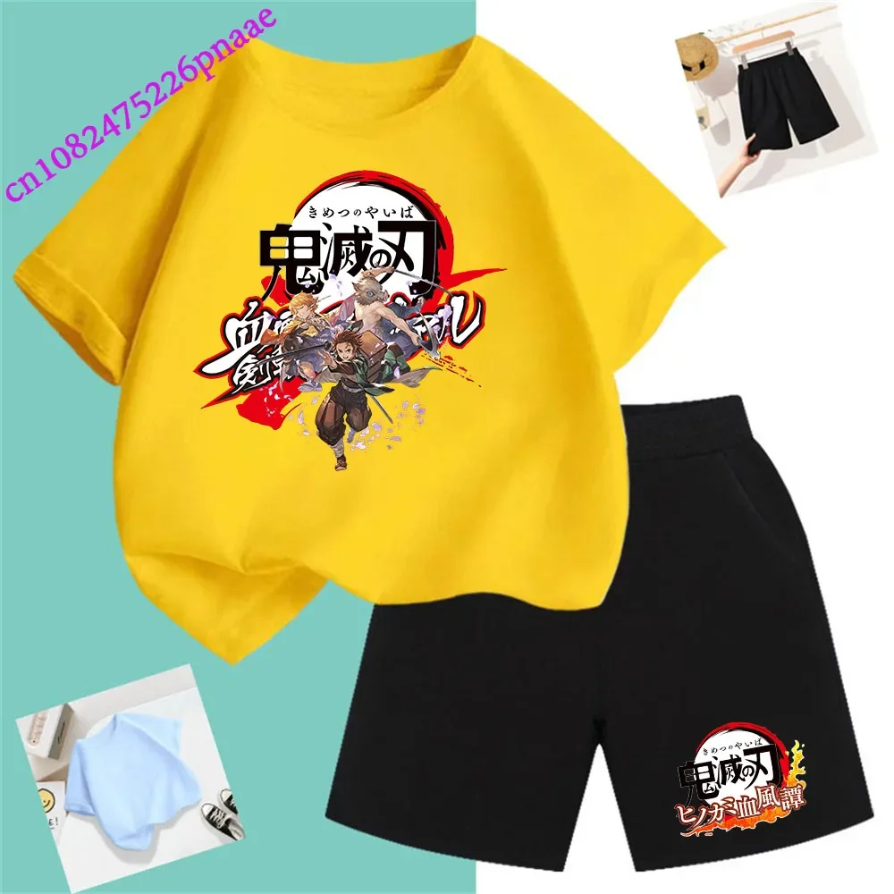 Demon Slayer t shirt Fashion Summerdress2024 Short Kid Short T-shirt Baby Tee Sets Fashion Casual O-neck Breathable KawaiiShorts