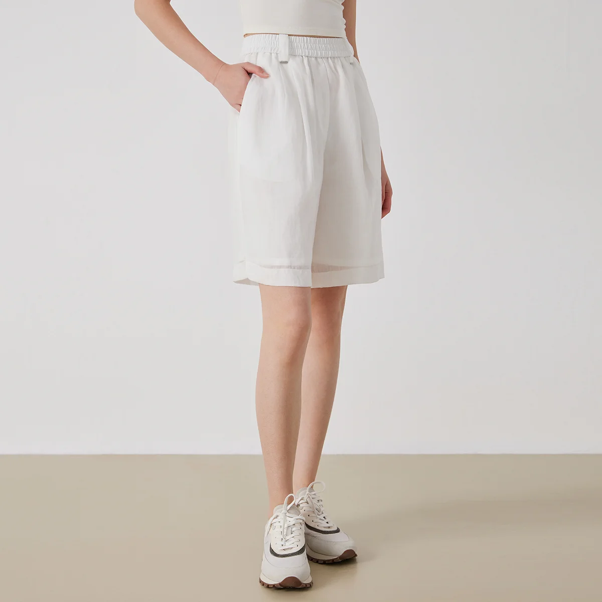 K3189X Women's Light Luxury High-Quality Linen Blended Shorts with Elastic Waist Comfortable Summer Fashion