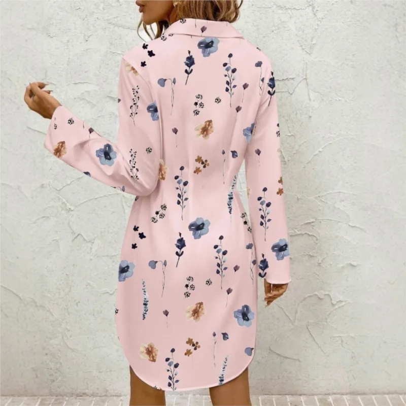 Women's Floral Printed Shirts Dress Autumn New Elegant Lapel Folds Slim Waist Mini Dresses For Women Vestidos Casual Long Shirt
