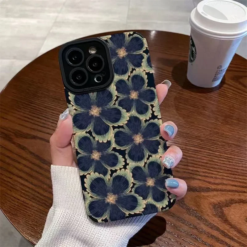 Funda de teléfono con flores verdes y negras, carcasa a prueba de golpes para IPhone 11, 12, 13, 14, 15, 16 Pro Max, 16 Pro Max