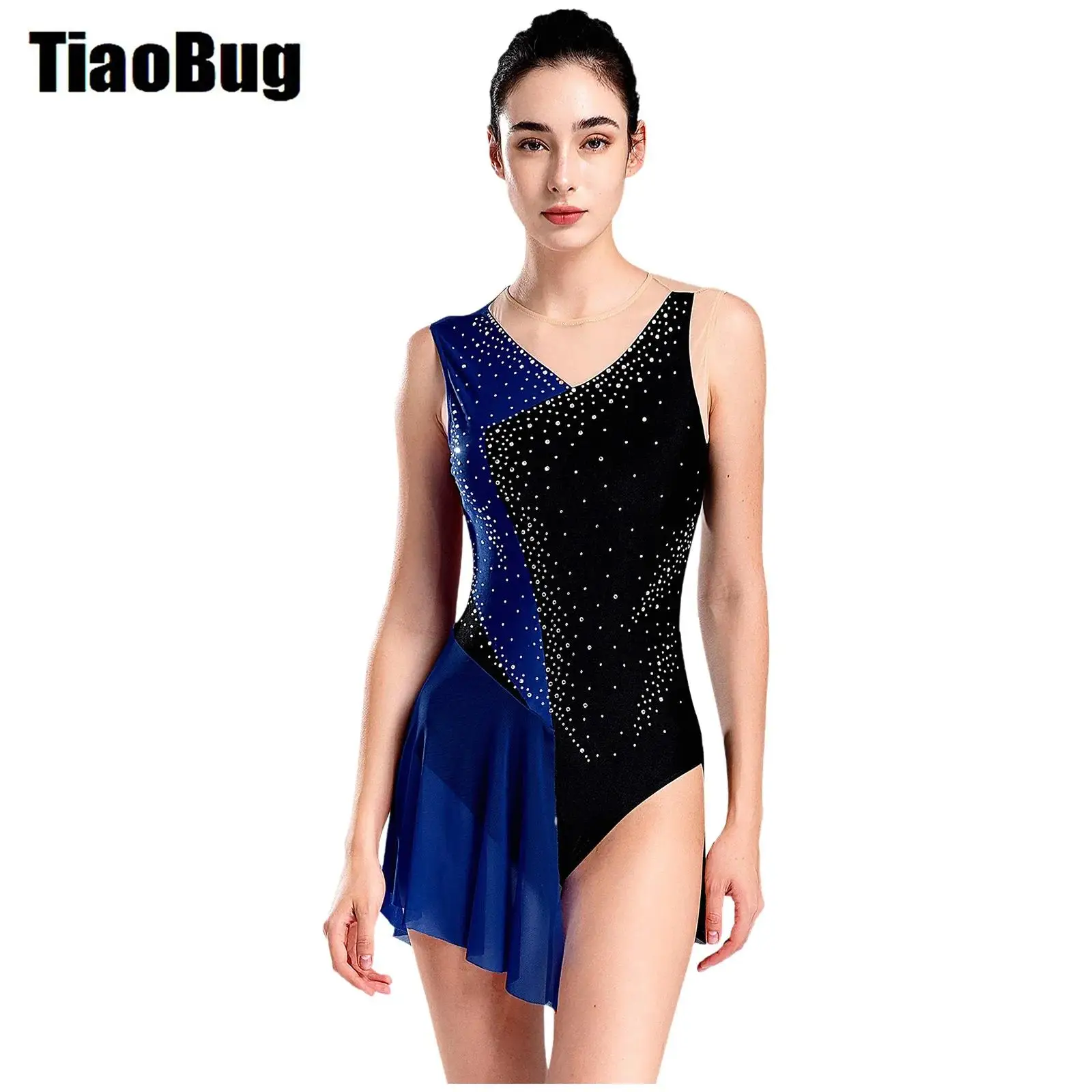 

Womens Sheer Mesh Dance Leotard Sparkly Rhinestones Color Block Sleeveless Cutout Back Figure Skating Patchwork Skirted Leotard