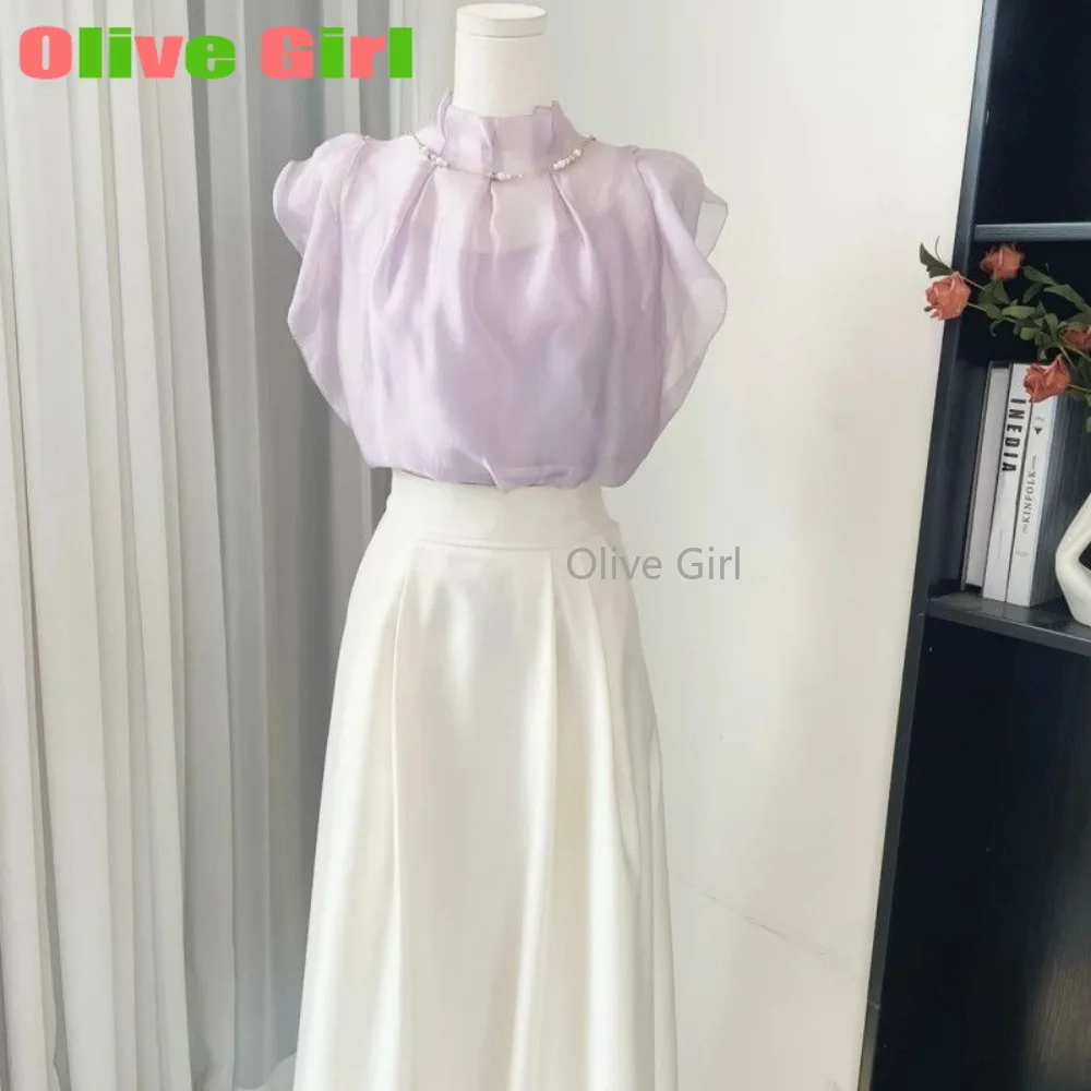 

Оливковая девушка, фиолетово-желтая элегантная и милая французская женская одежда без рукавов с рюшами, летний топ, шикарная новая юбка трапециевидной формы